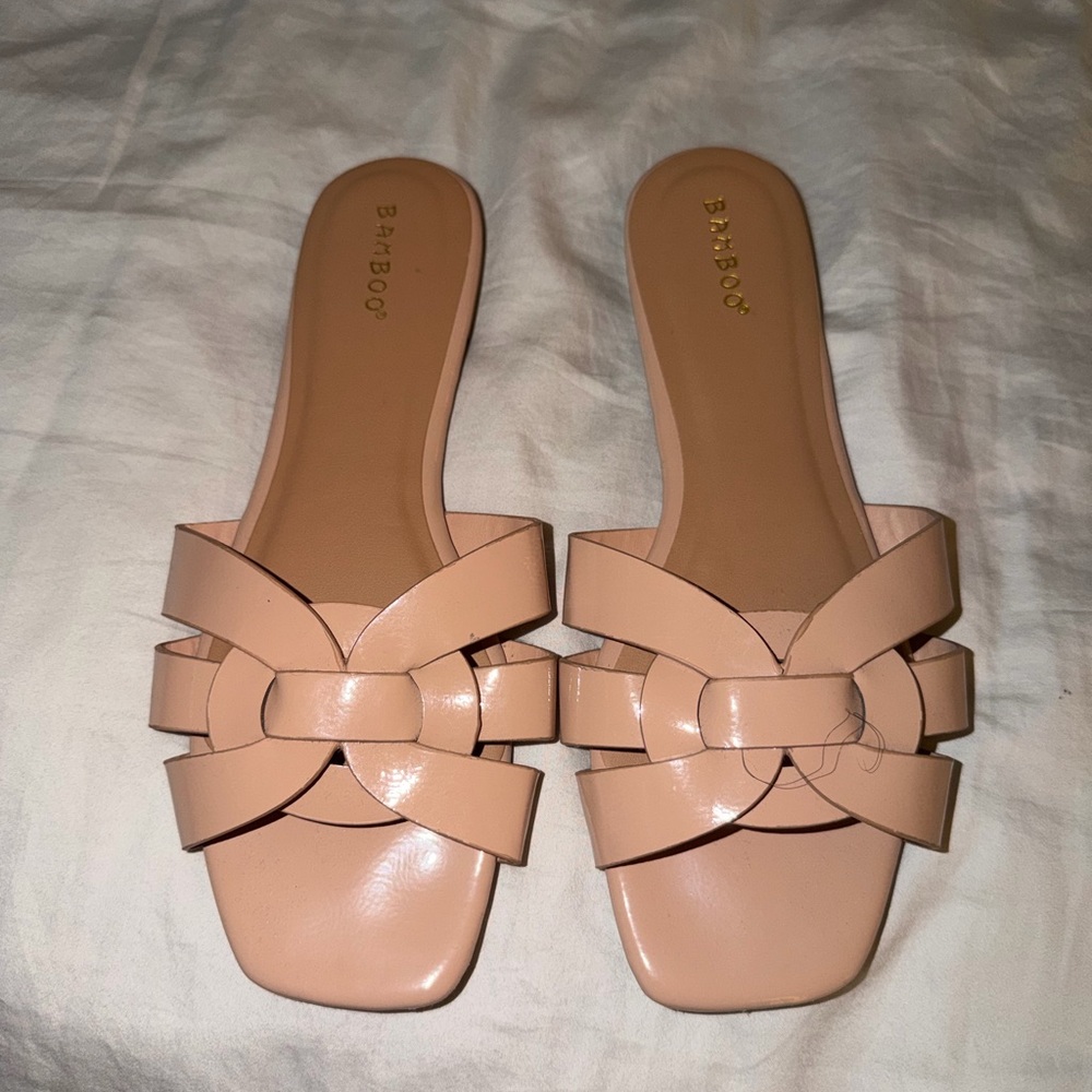 BAMBOO Nude Slide Sandals, size 8.5